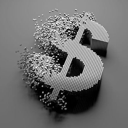 dollar sign breaking apart, pixel by pixel