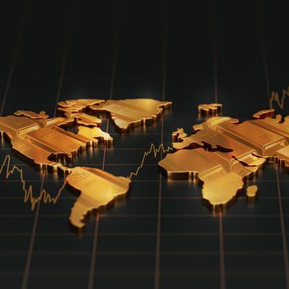 3D world map rendered in gold bars